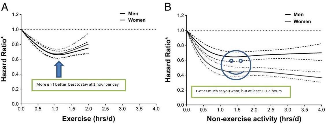 Exercise and non-exercise risk curves for death vs the amount of time spent in the activities.